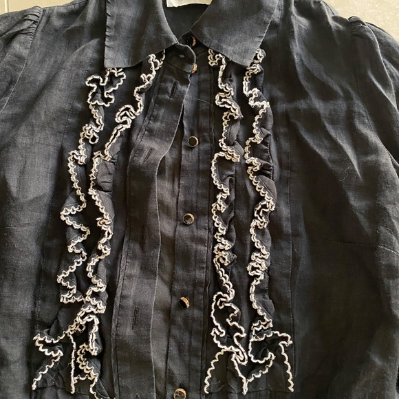 Zimmerman Button Down Ruffle Black White Ramie Blouse Shirt Top Size O - Picture 6 of 9